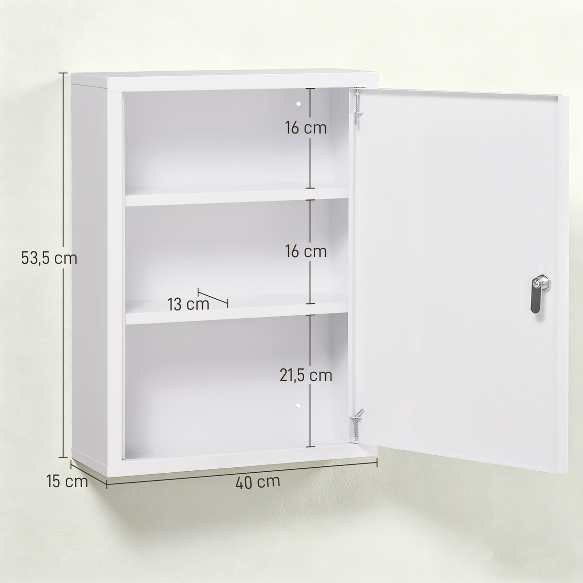 Armoire à pharmacie murale en acier, armoire à médicaments à 3 niveaux porte verrouillable 2 clés, 40x15x53,5cm, blanc