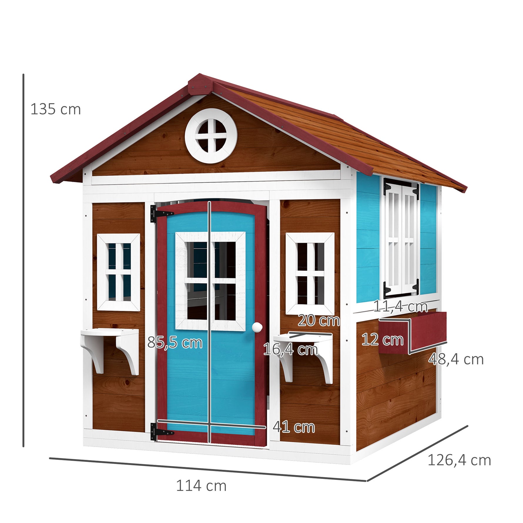 Cabane enfant extérieur maison enfant extérieure avec porte fenêtres et jardinières 114 x 126,4 x 135 cm Marron