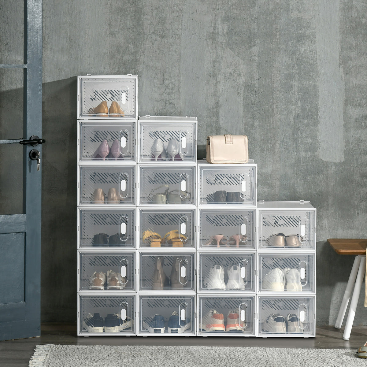 Meuble de rangement modulable, 18 cubes, meuble à chaussures empilables, vêtements, livres, jouets, blanc et transparent