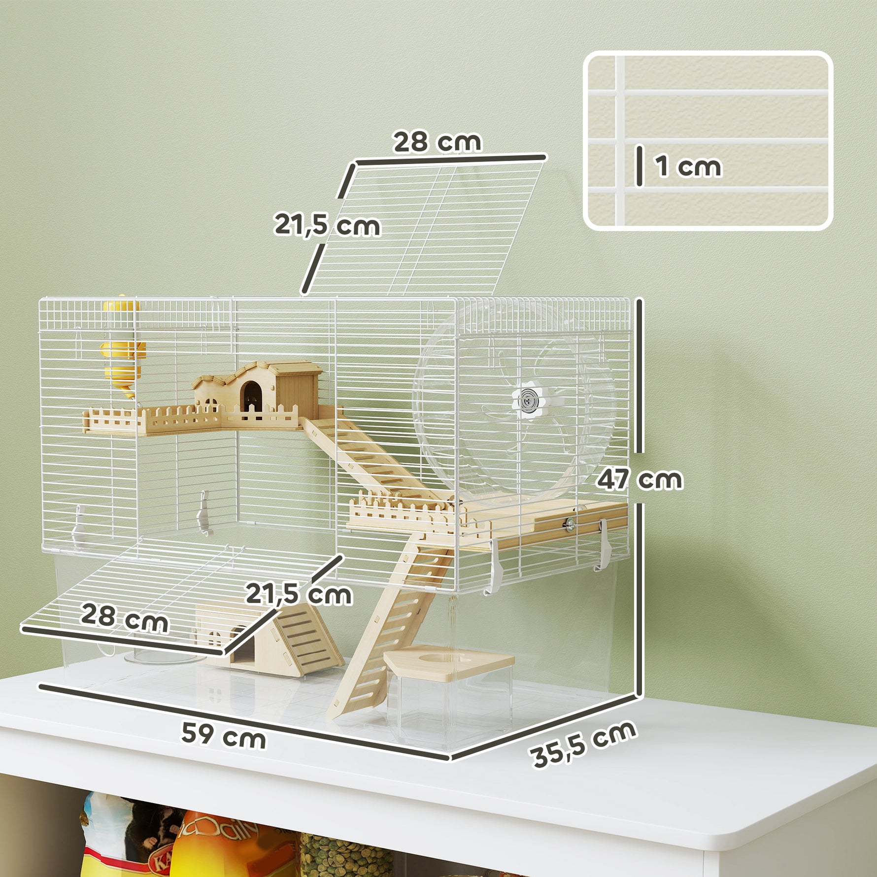 Cage à hamster à 3 niveaux, cage rongeur avec roue d'exercice, plateau profond transparent, 59 x 35,5 x 47 cm, blanc