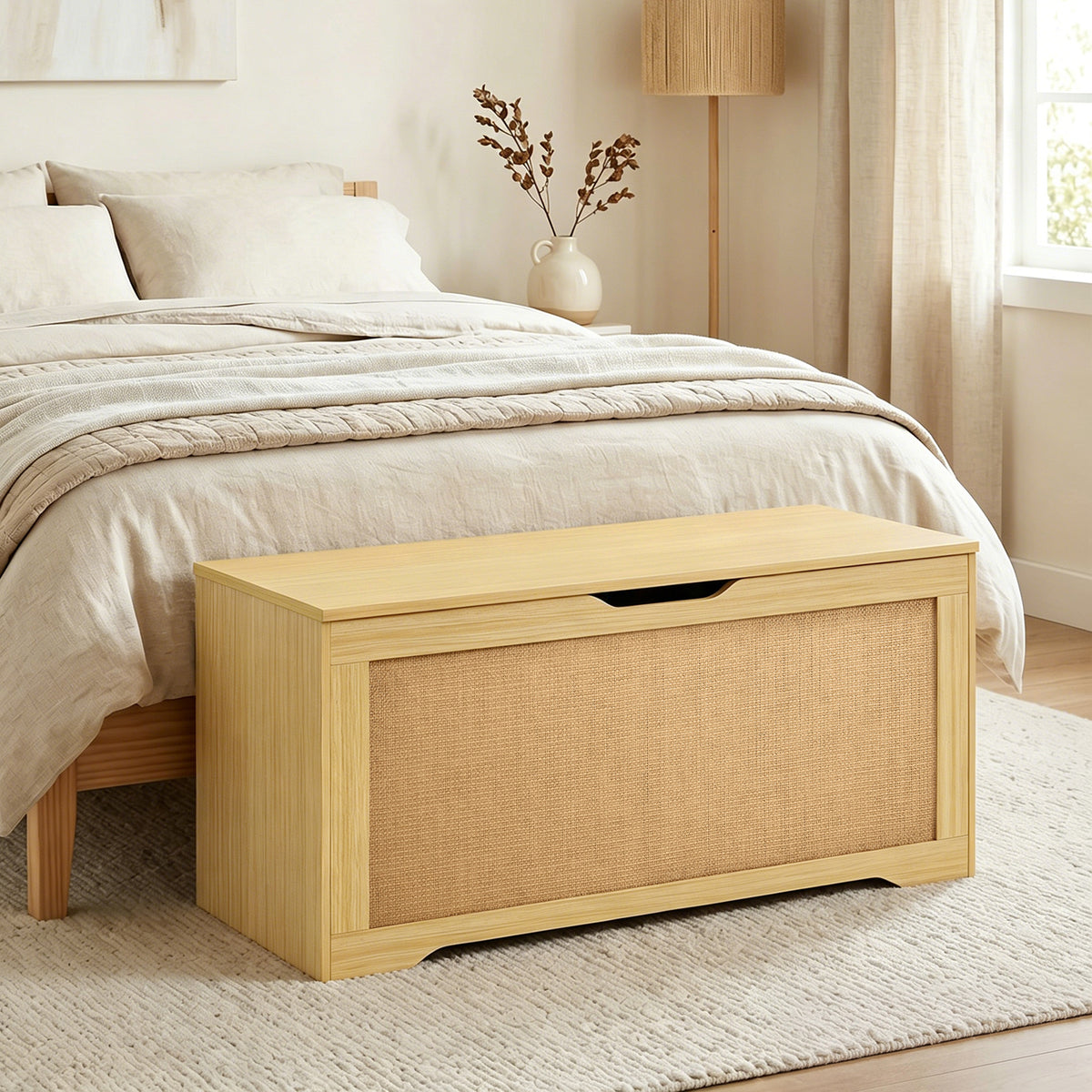 Coffre de Rangement en Rotin 136L, Banc Coffre avec Couvercle Relevable et 2 Charnières de Sécurité, Chêne