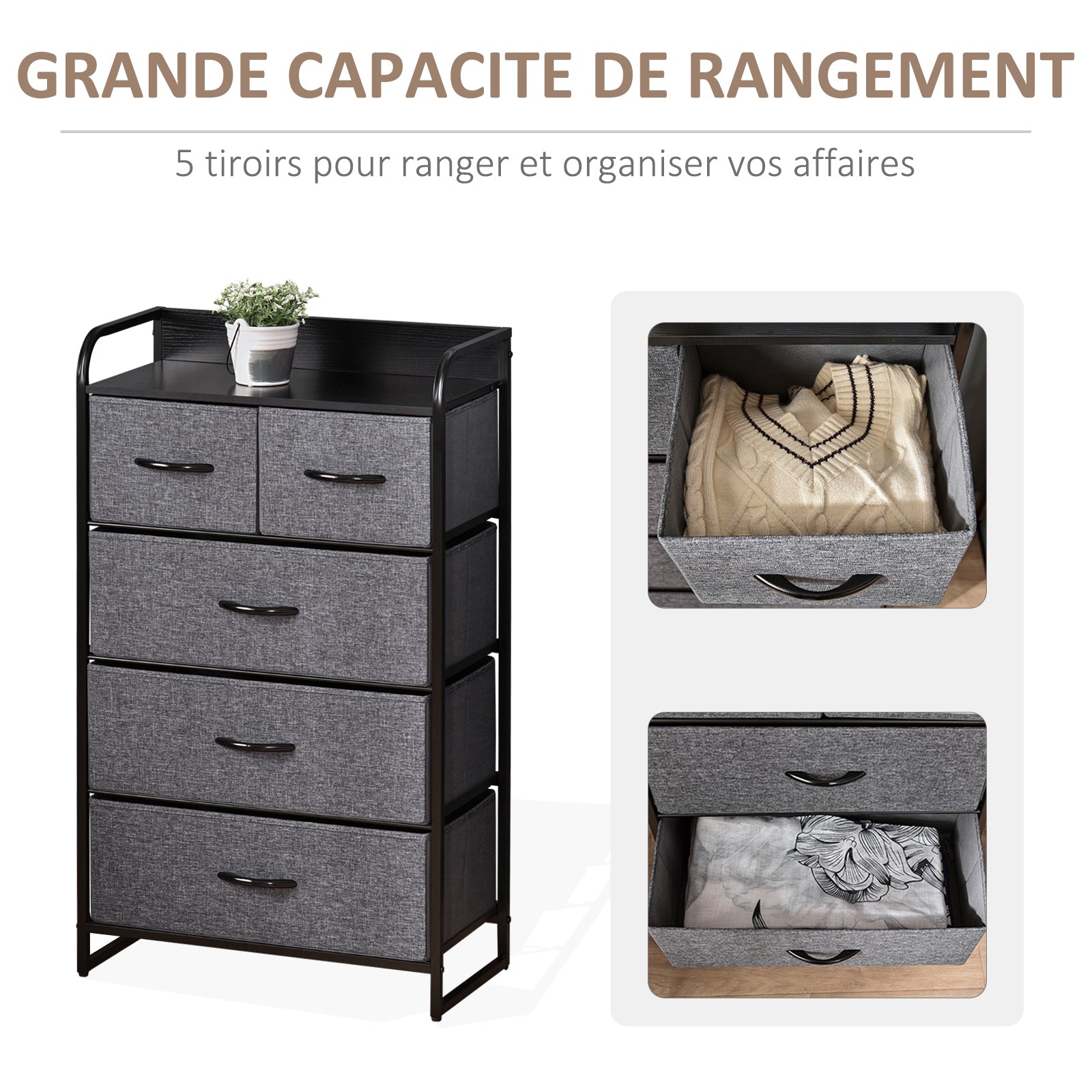 Commode Meuble de Rangement 5 tiroirs Pliables en Tissu 58 x 29 x 99 cm Gris