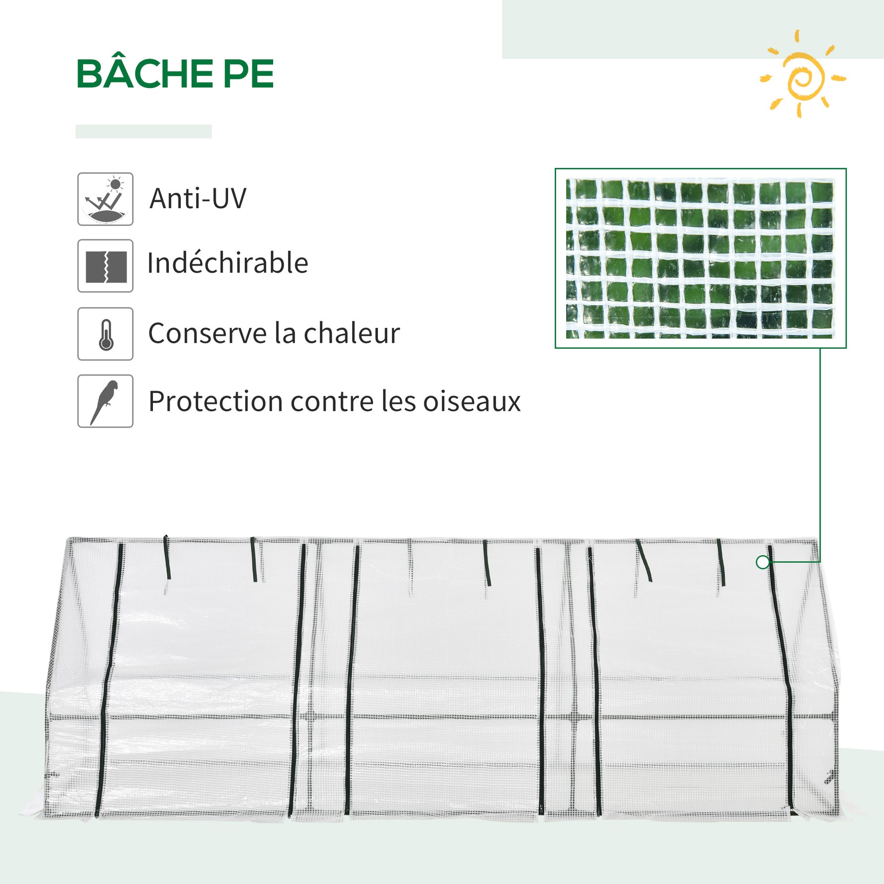 Mini Serre de Jardin Mini Serre Tunnel 270L x 90l x 90H cm Toit Pointu Acier PE Haute Densité 140 g/m² Anti-UV Fenêtres avec Zip Enroulables Blanc