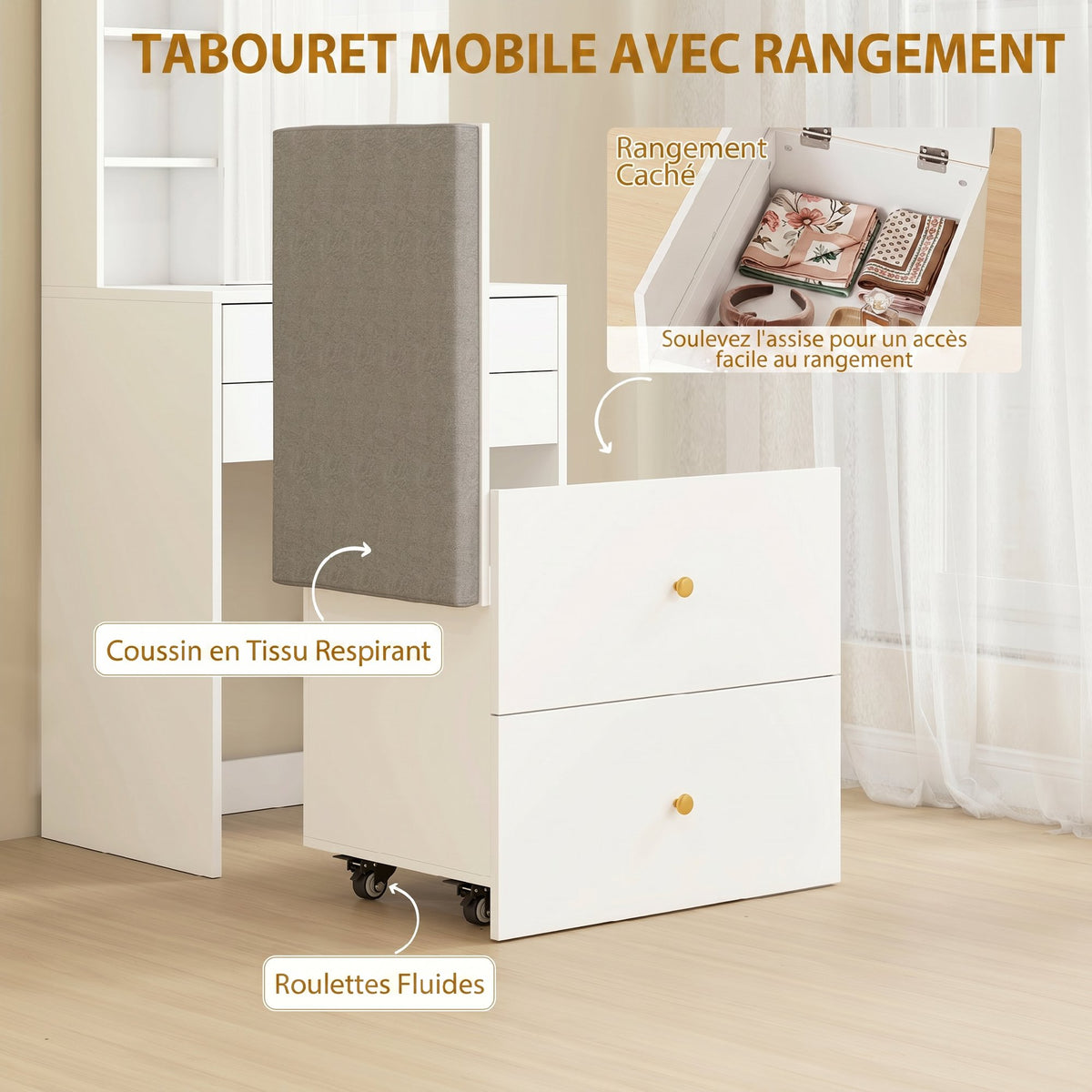 Coiffeuse avec miroir et tabouret de rangement mobile, table de maquillage, tiroirs, placard et étagères ouvertes, blanc