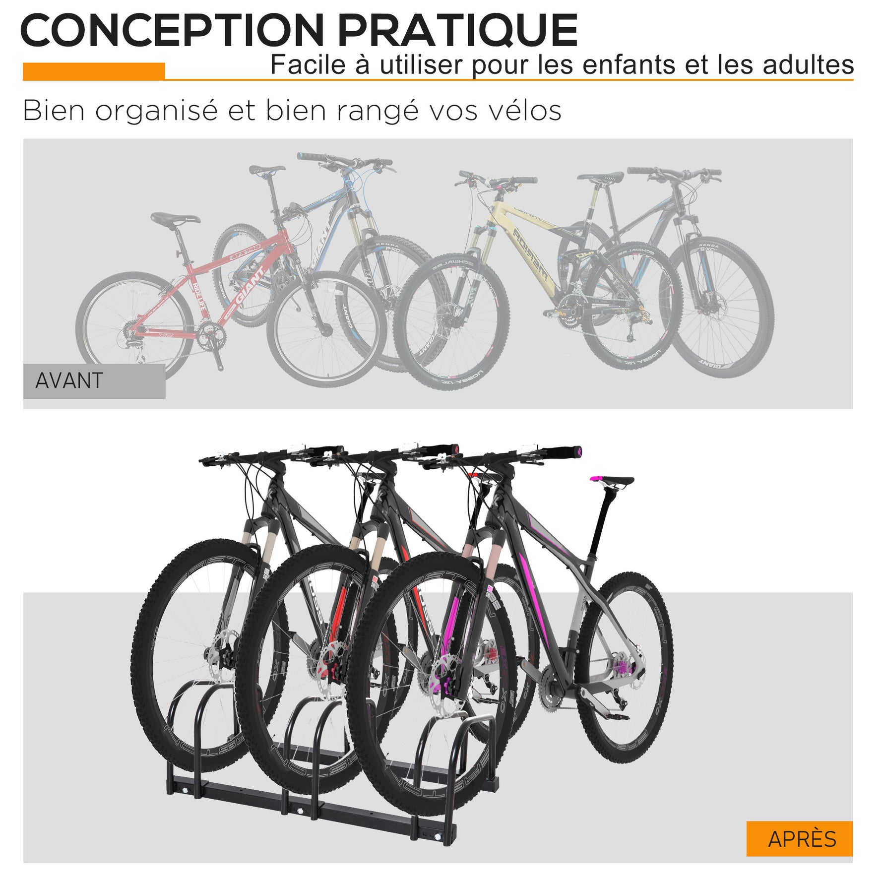 Râtelier 3 vélos -  - rangement pneu 65 mm sol ou mural - pour VTT enfants BMX - 76 x 33 x 27 cm - acier - noir