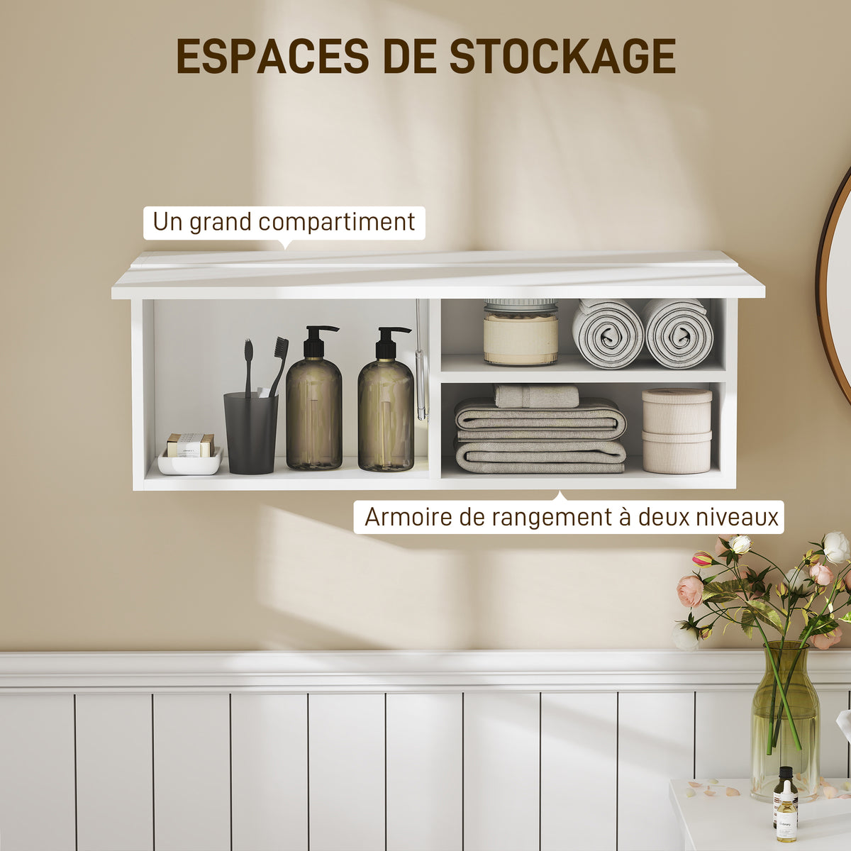 Armoire murale de salle de bain, meuble de rangement suspendu avec porte à charnières, 80 x 25 x 30 cm, blanc