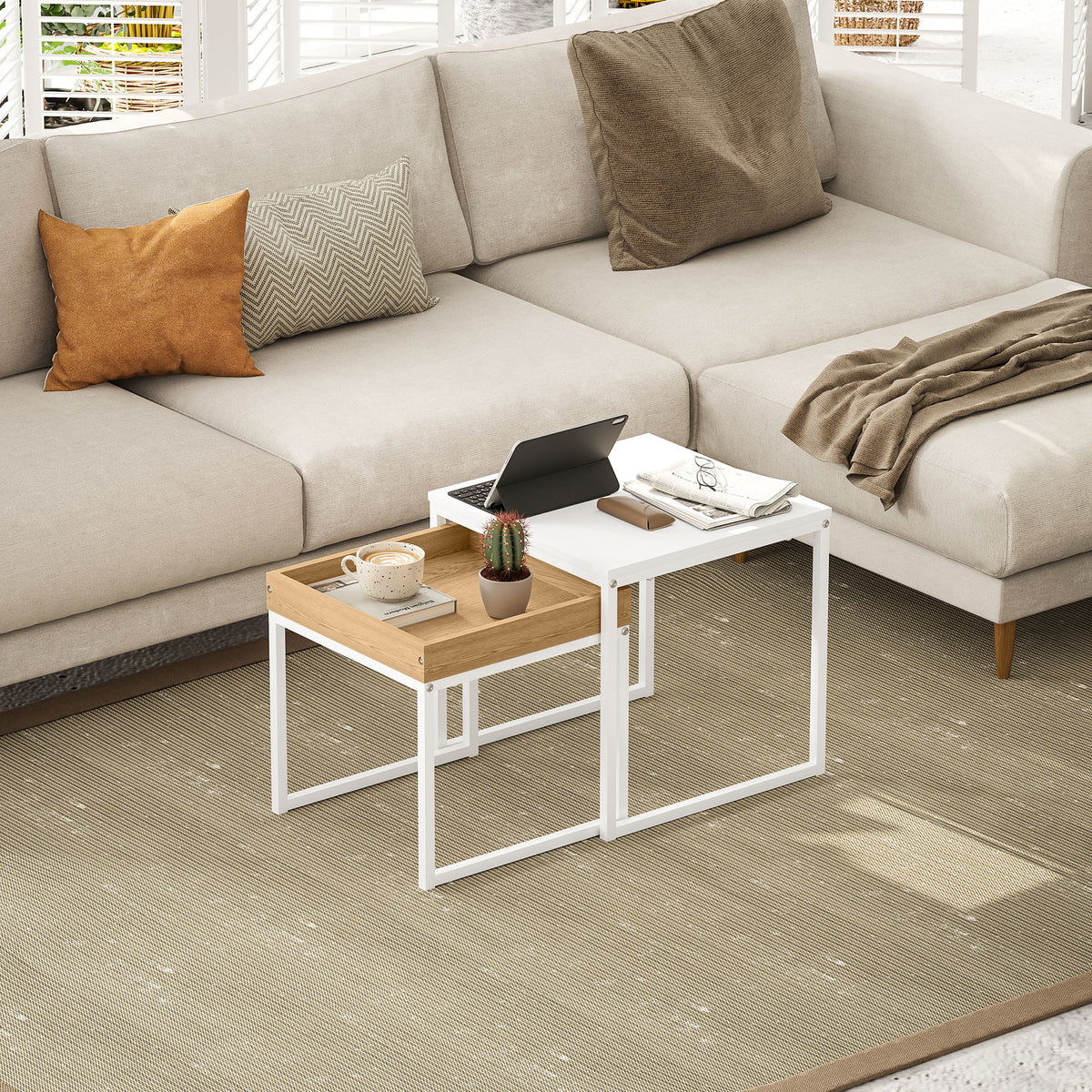 Set van 2 vierkante uitschuifbare salontafels, nesteltafels met stalen frame, moderne stijl, wit