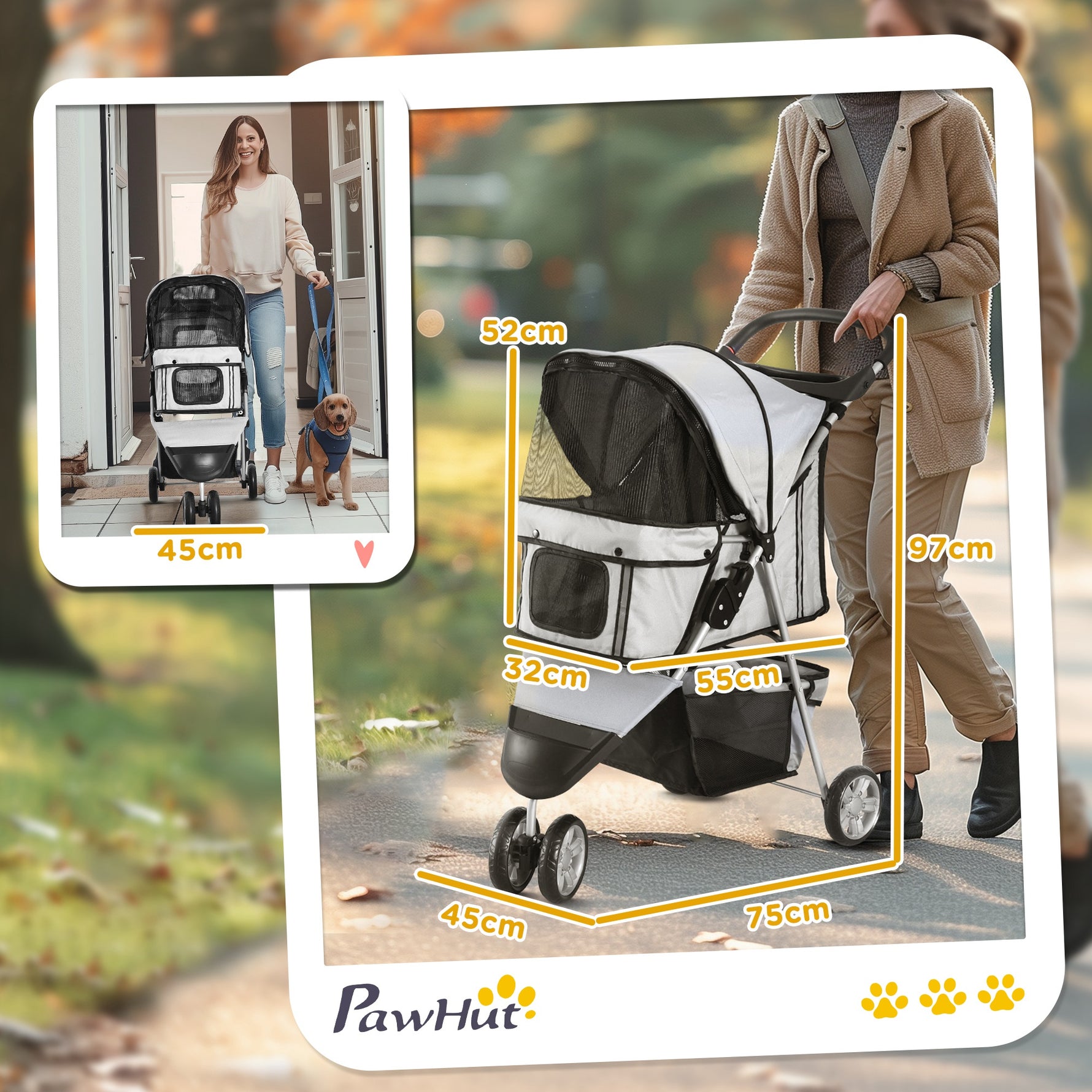 Poussette Buggy Pliable Animaux, Chariot Pliant Chien Chat, Porte-Gobelet Panier De Rangement Inclus, Roues Avec Frein, Tissu 600D Oxford Acier, 75 x 45 x 97 cm Gris