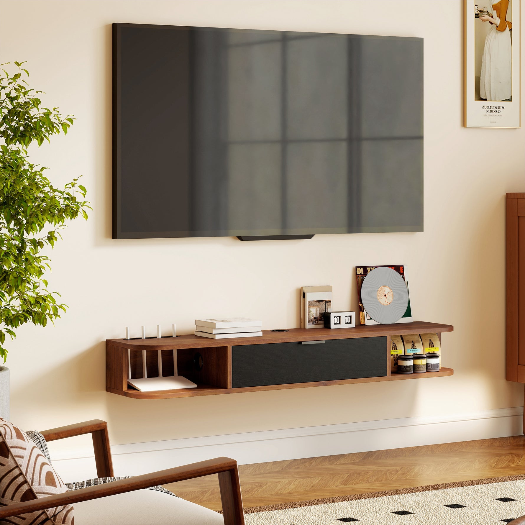 Meuble TV Suspendu, Meuble Télé pour Téléviseur jusqu'à 50 Pouces, Tiroir Rabattable, 2 Étagères, 120x24x16cm, Noyer