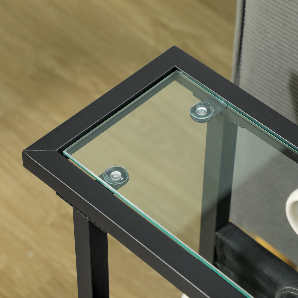 Table d'appoint étroite, bout de canapé en métal avec porte-revues et plateau en verre trempé, 40 x 18 x 55,5 cm, noir