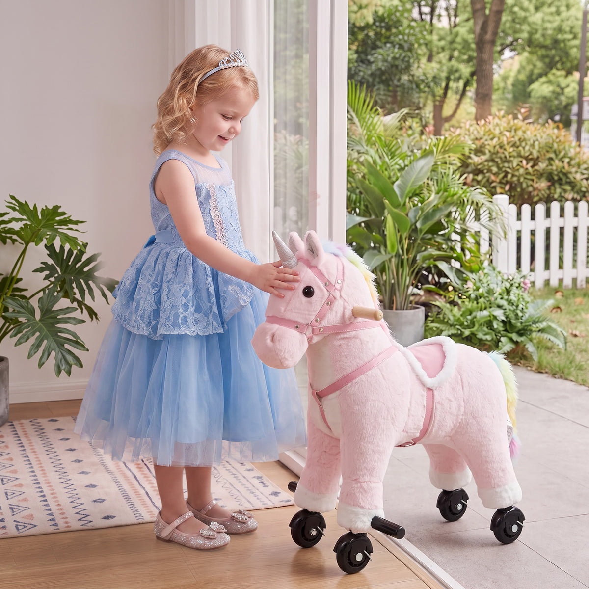 Reitpferd für Kinder, Plüsch-Pferd auf Rollen mit Soundeffekten, für 1 bis 3 Jahre, max. Tragkraft 40 kg, Rosa