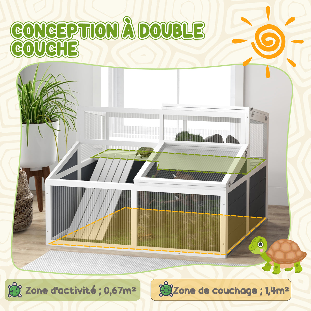 Maison enclos cage pour petit animal tortue avec 2 espaces toit en polycarbonate 3 portes rampe 115 x 115 x 82 cm gris