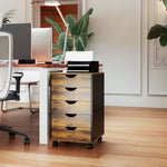 Caisson bureau mobile, meuble rangement sur roulettes avec 5 tiroirs, bois, 40 x 40 x 67 cm, marron