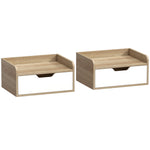 Lot de 2 tables de chevet murales, tables de nuit avec tiroir et plateau à rebords surélevés, 40x30x19,5cm, bois naturel