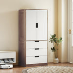 Armoire 2 portes, armoire moderne avec 3 tiroirs et tringle de suspension pour chambre à coucher, marron-9