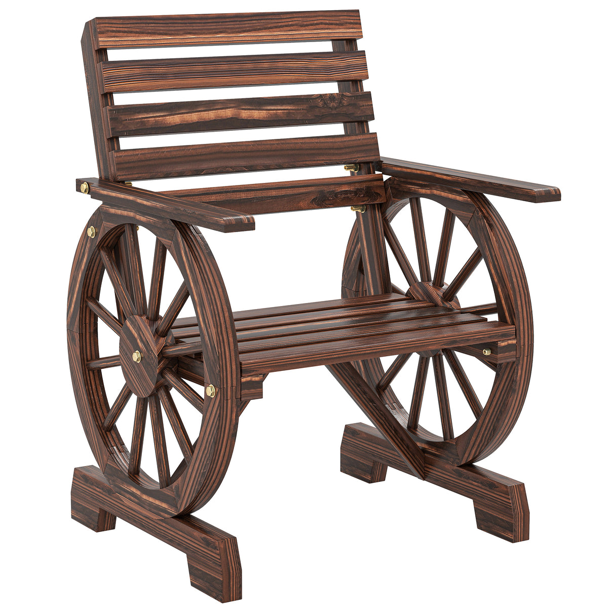 Chaise de Jardin en Bois, Style Roue de Chariot, Siège Large à Lattes, Dossier Incliné, 66x55x90cm, Finition Carbonisée