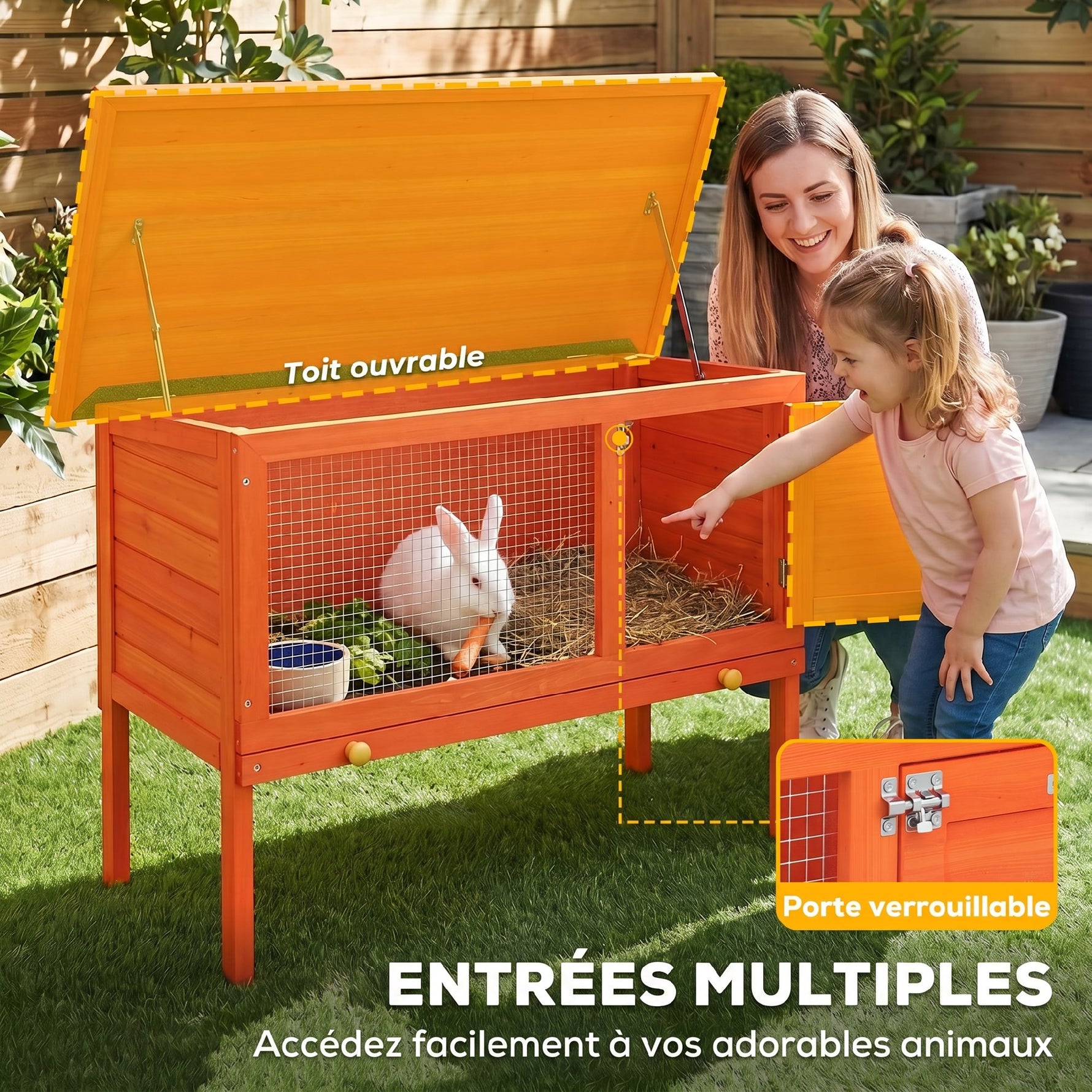 Clapier Lapin Extérieur en Bois, Toit Ouvrable en Asphalt et Plateau Coulissant, Design Surélevé, 90x45x65cm, Orange