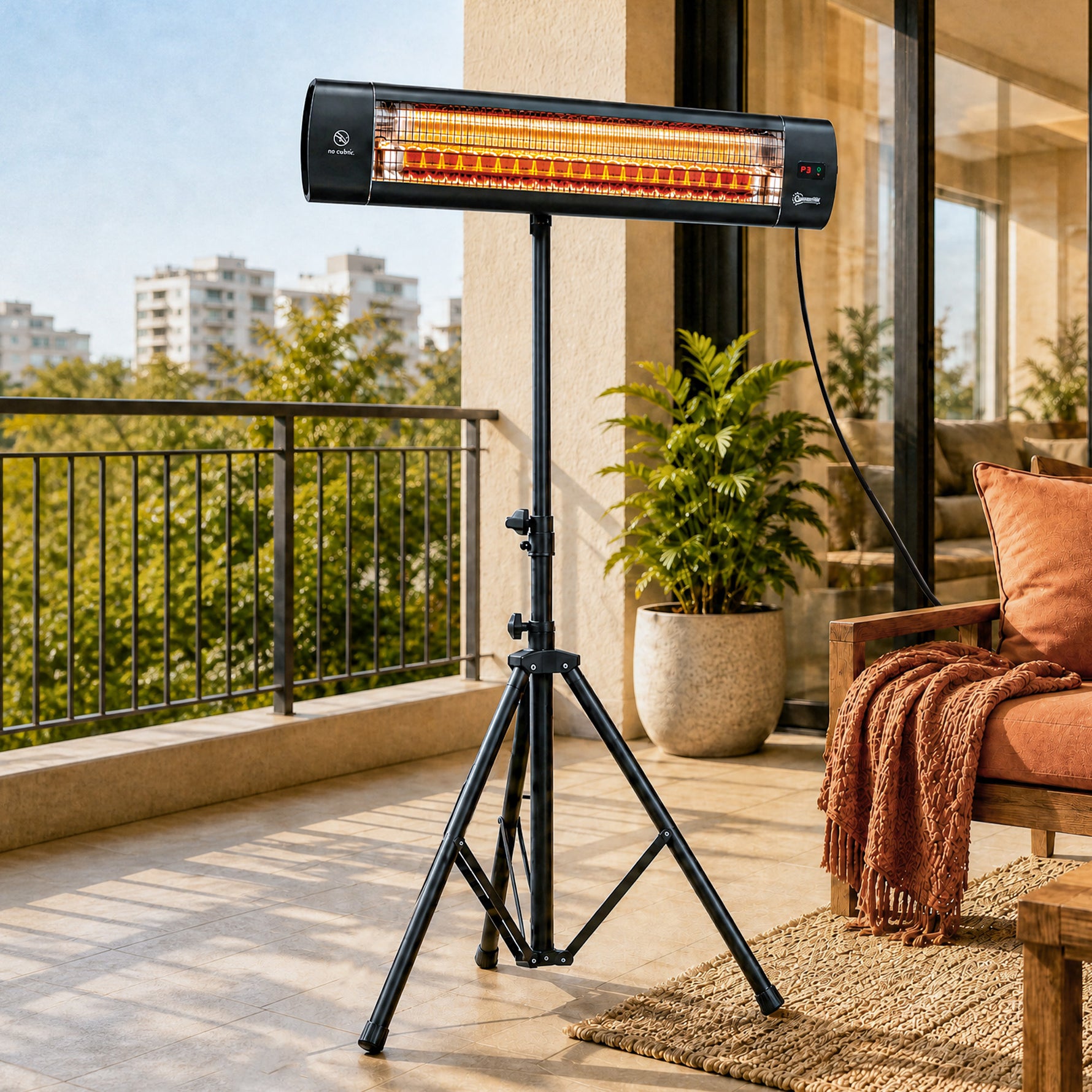Radiateur Infrarouge sur Pied 2500 W IP65, Télécommande, Minuterie, 3 Niveaux, Hauteur Réglable, 87x81x180cm, Noir