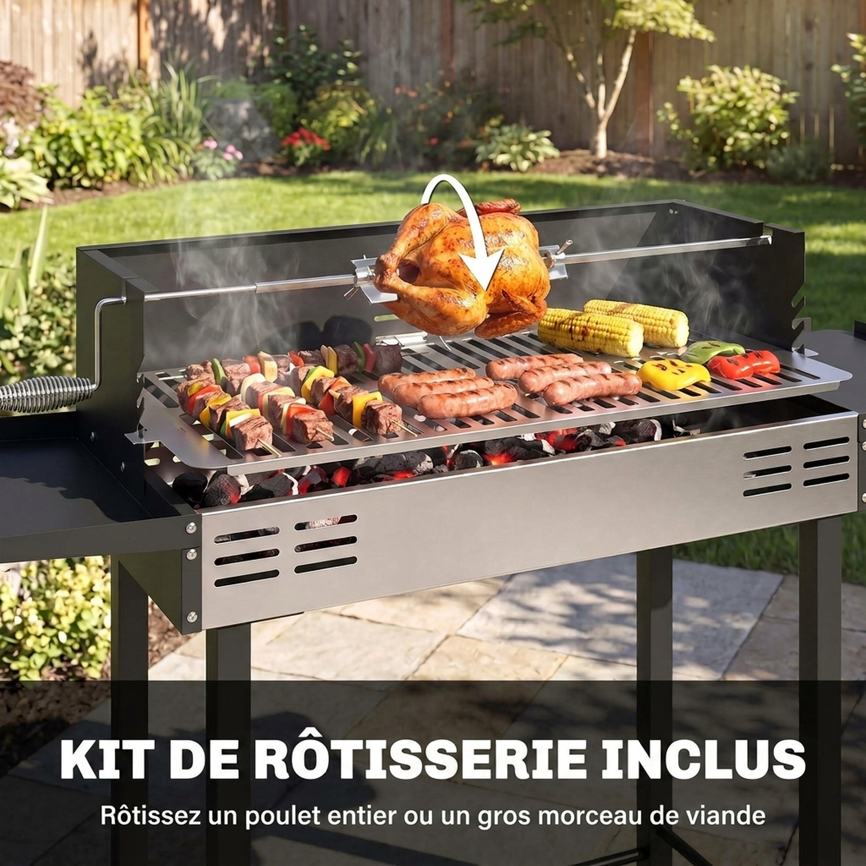 Barbecue charbon de bois BBQ avec grille de gril à 3 niveaux et étagères latérales pliables, 118 x 32 x 90 cm, noir