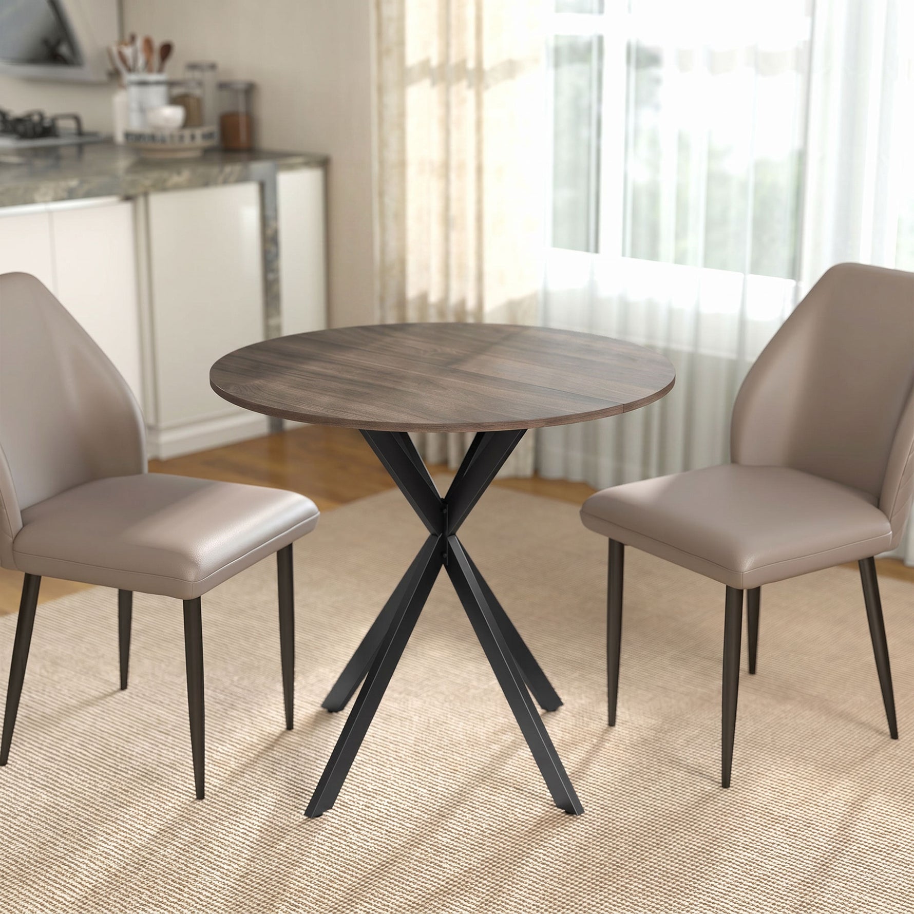 Table à manger ronde pour 2 personnes avec plateau aspect bois et piètement croisé en acier, marron