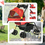 Poussette buggy pliable chien chat panier rangement porte-gobelets tissu 300D Oxford imperméable 4 roues rouge