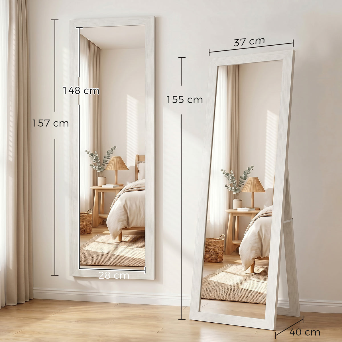 Miroir sur pied mural ou à poser rectangulaire avec cadre en bois pour salon chambre à coucher 37 x 155 cm blanc