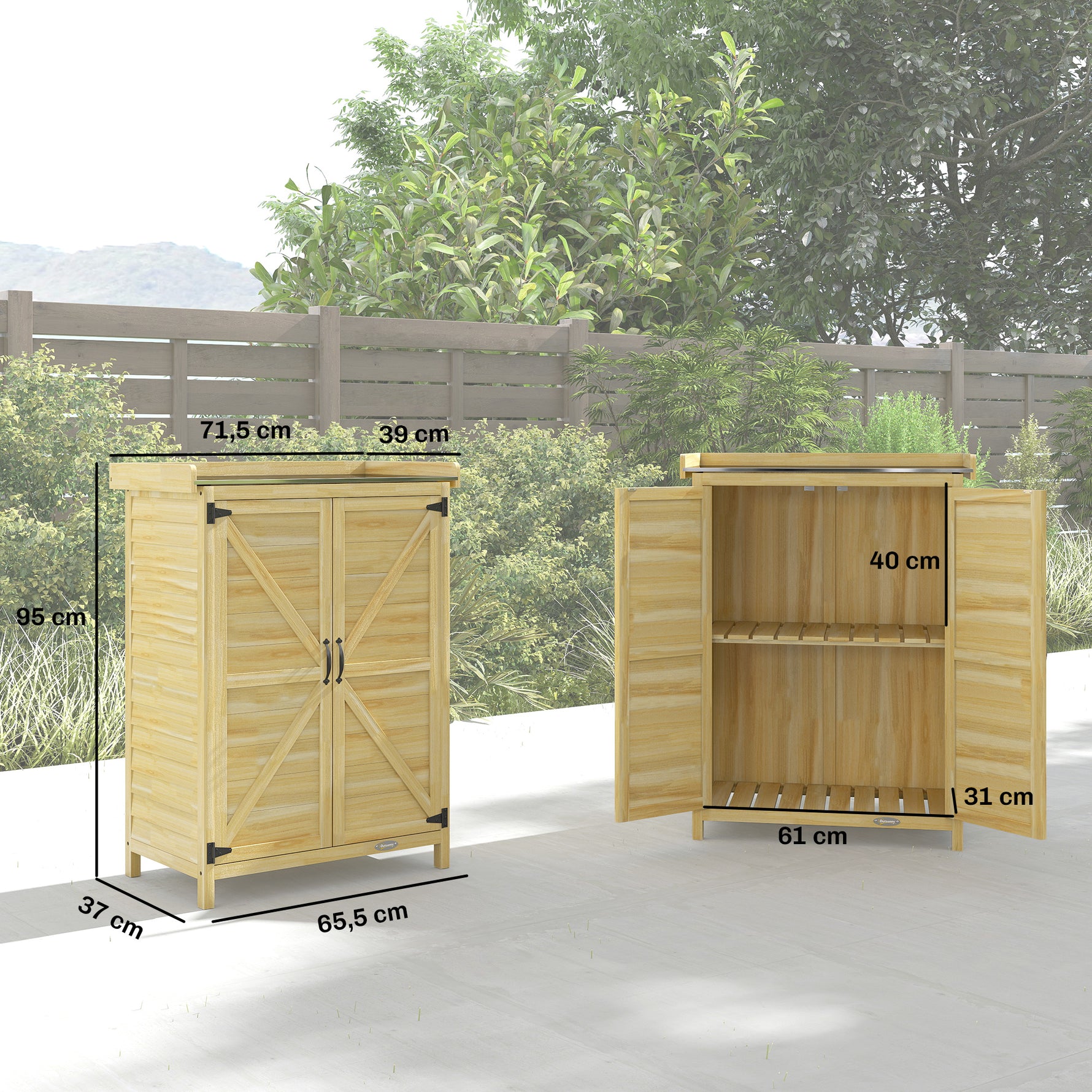 Armoire de jardin, armoire extérieure de rangement en bois, plan de travail en métal galvanisé, 71,5x39x95cm, naturel