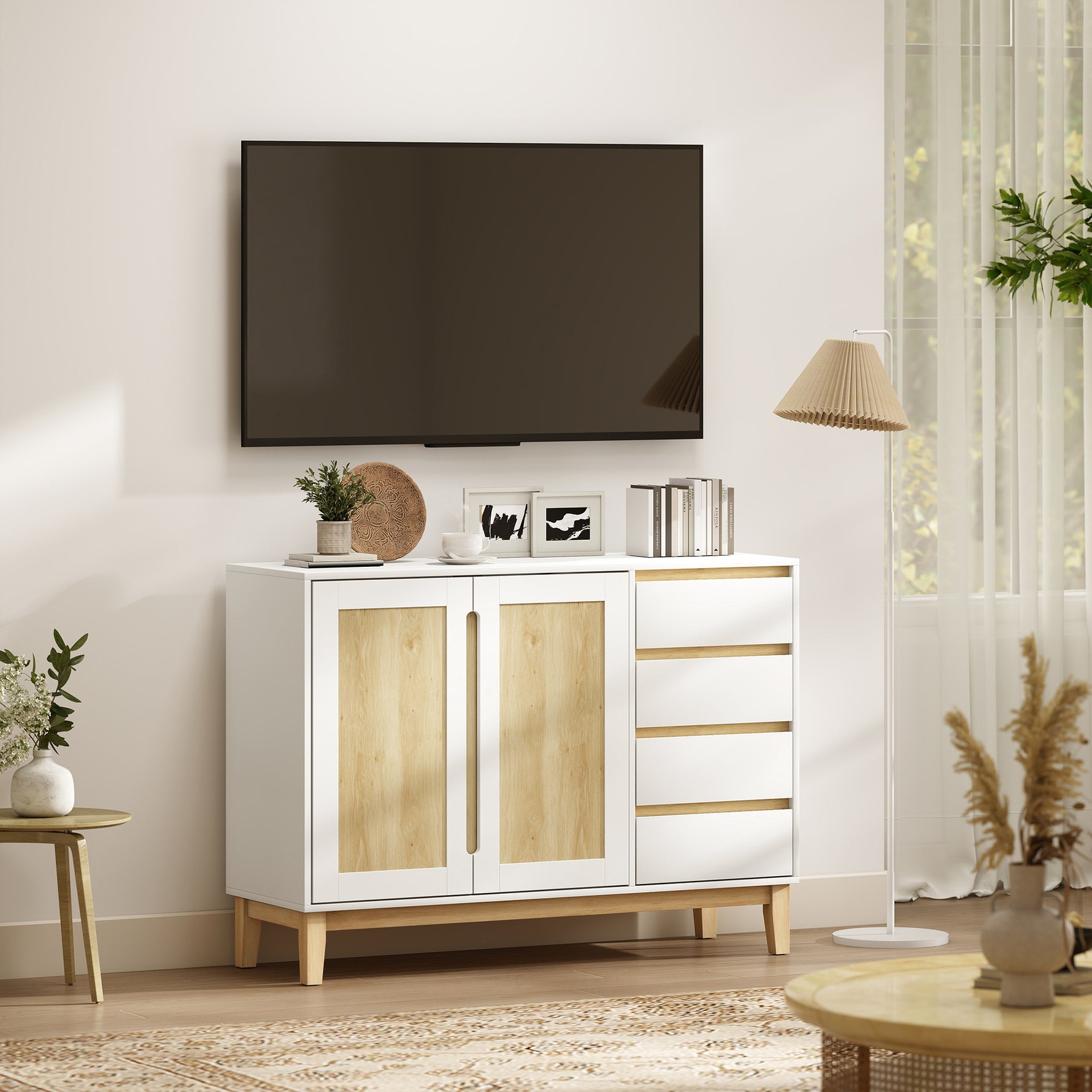 Buffet, meuble de rangement avec 2 portes et 4 tiroirs, étagère réglable, 120 x 40 x 86 cm, blanc et chêne