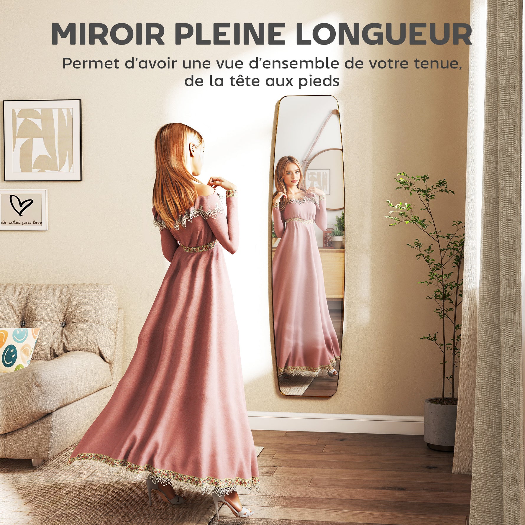 Grand miroir mural ovale 160 x 40 cm, miroir suspendu moderne, cadre en métal et bois, prêt à accrocher, doré