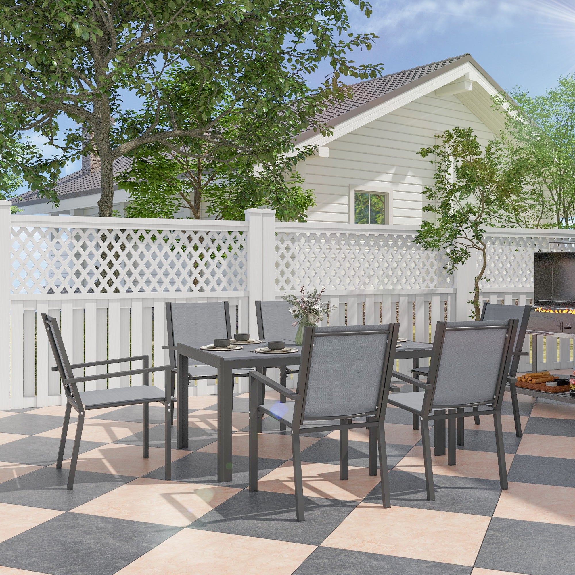 Ensemble de salle à manger de jardin pour 6 personnes salon de jardin extérieur cadres en acier chaises empilables gris
