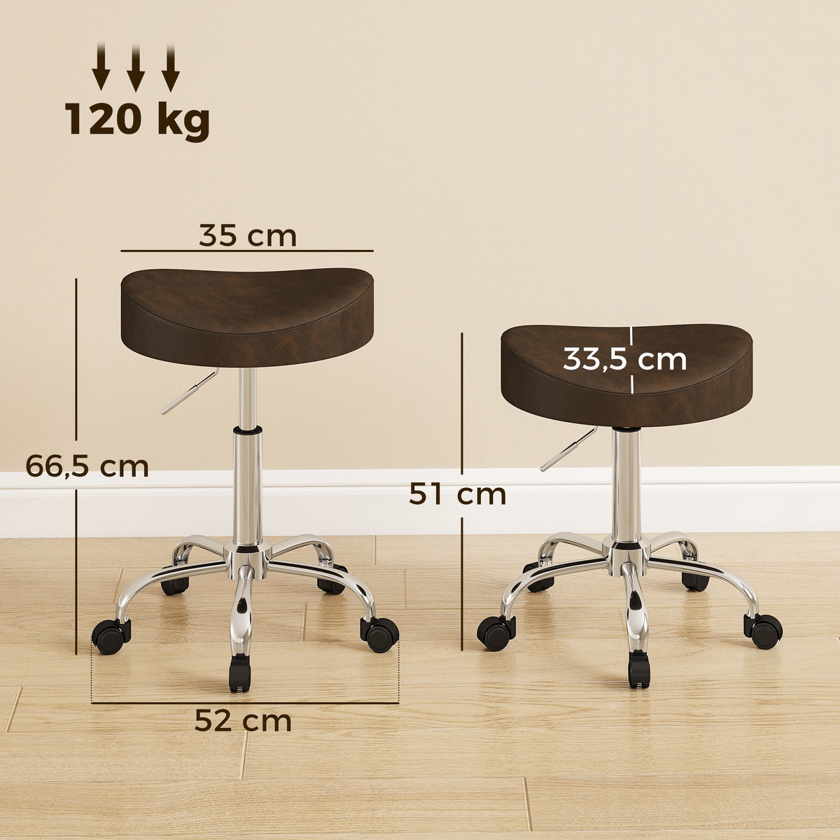 Tabouret à roulettes, tabouret de salon avec hauteur réglable 51-66 cm et assise rembourrée, pivotant 360°, marron