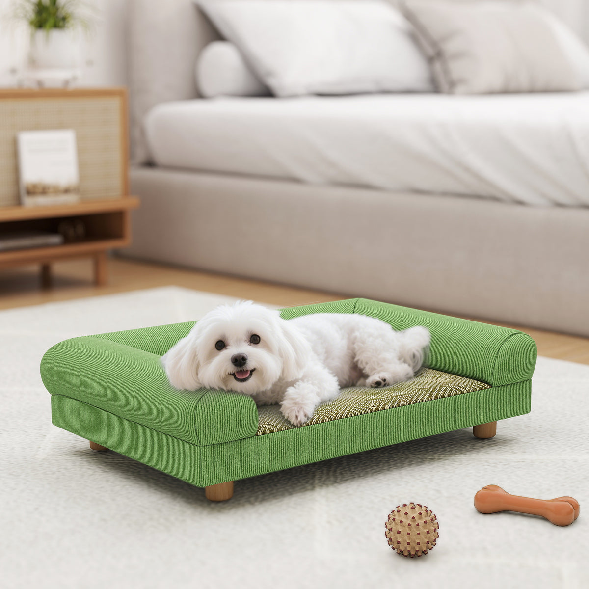 Hunde- und Katzenschlafsofa, erhöhtes Hundebett, kühlende Matte, Armlehnen, aus weichem Samt 63 x 41 x 17 cm, Grün
