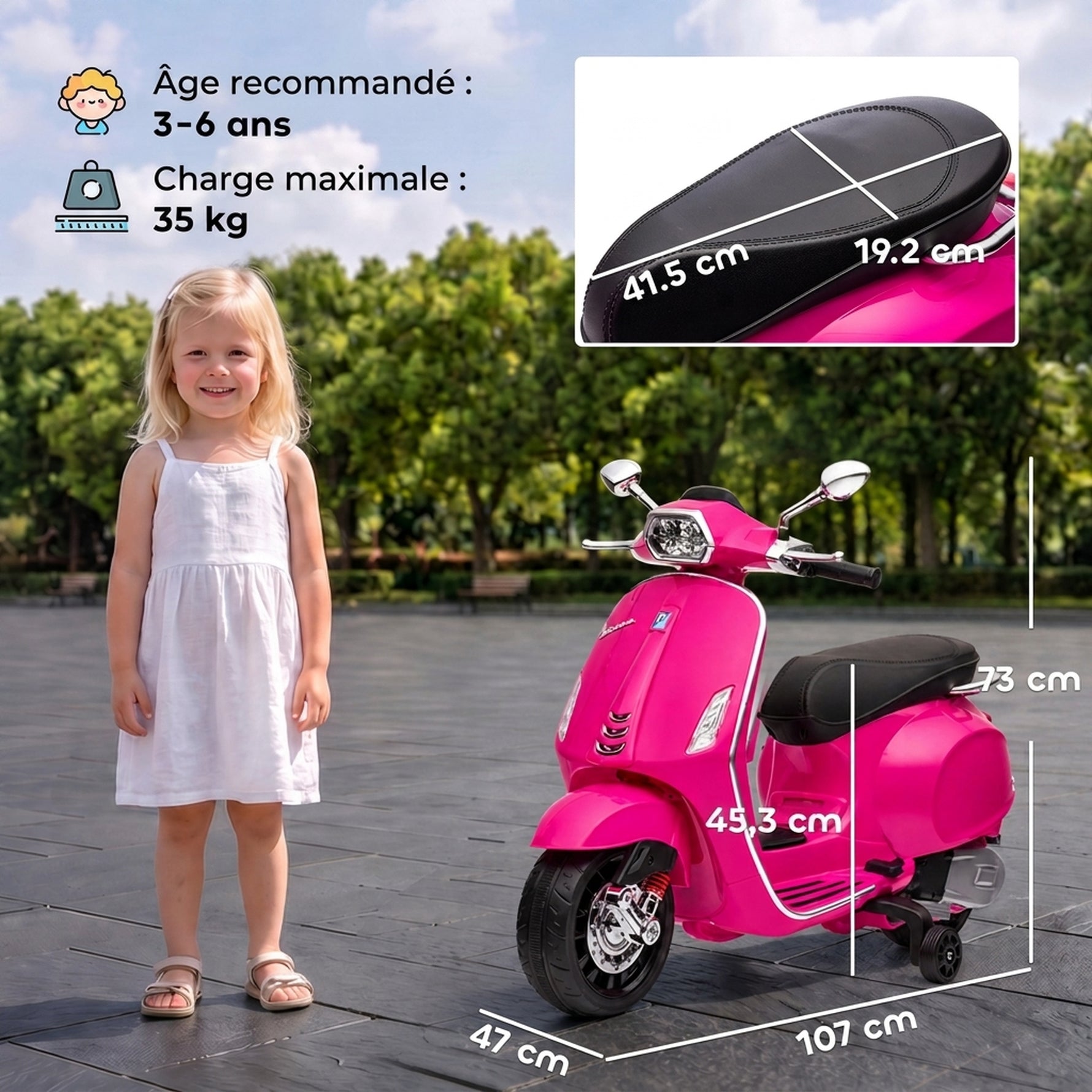 Scooter électrique enfant Vespa 6 V dim. 107L x 47l x 73H cm Musique MP3 Port USB Phare 2 roues d'entraînement - Rose