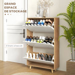 Meuble à chaussures 3 abattants avec étagère réglable, 72L x 24P x 119H cm, naturel et blanc