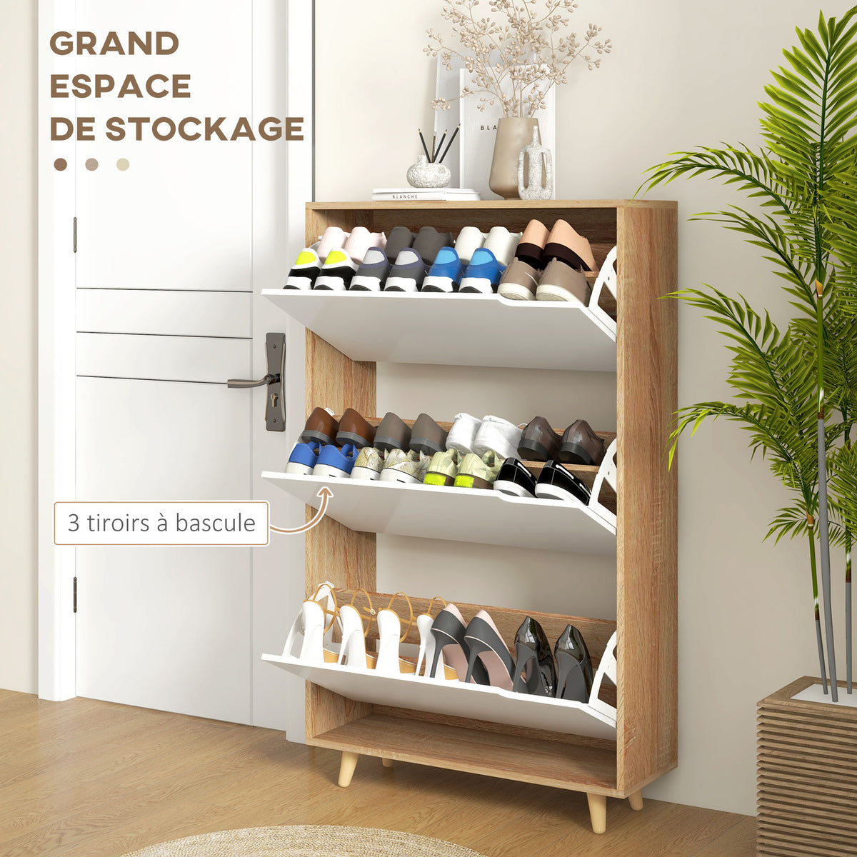 Meuble à chaussures 3 abattants avec étagère réglable, 72L x 24P x 119H cm, naturel et blanc