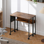 Bureau pliable sur roulettes 80 x 50 cm avec étagère et sac de rangement, brun rustique
