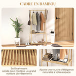 Portant à vêtement portemanteau en bambou sur roulettes avec 2 étagères et 2 crochets, pour entrée, chambre