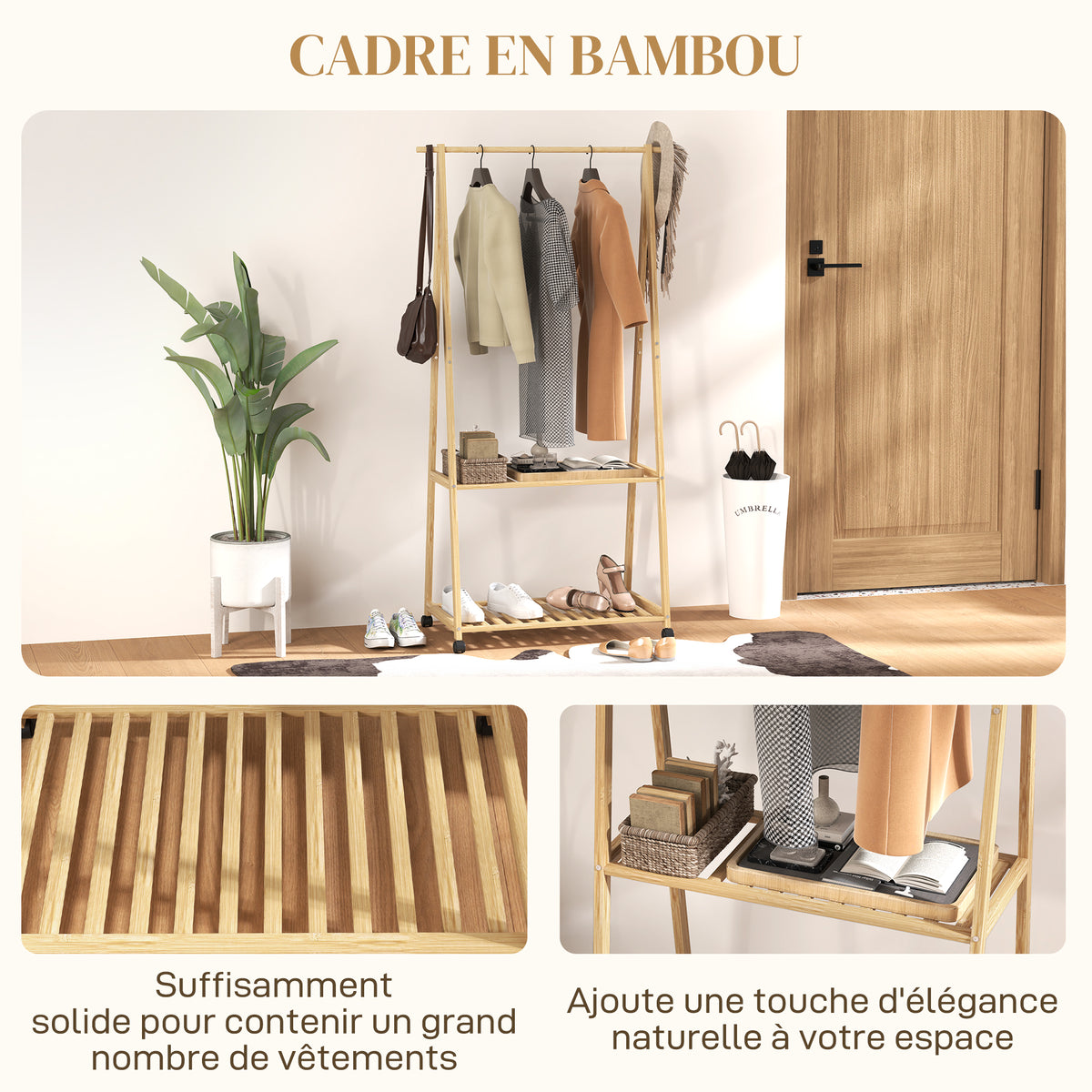 Portant à vêtement portemanteau en bambou sur roulettes avec 2 étagères et 2 crochets, pour entrée, chambre