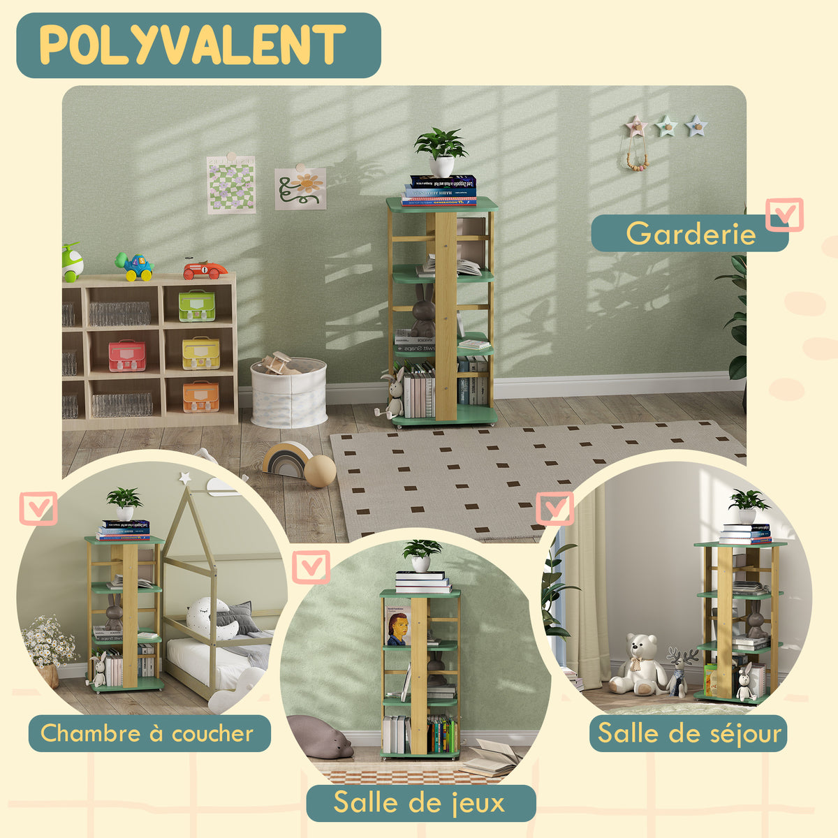 Bibliothèque enfant avec roulettes, rangement livre enfant 3 niveaux pour salle de jeux, chambre d'enfant, vert