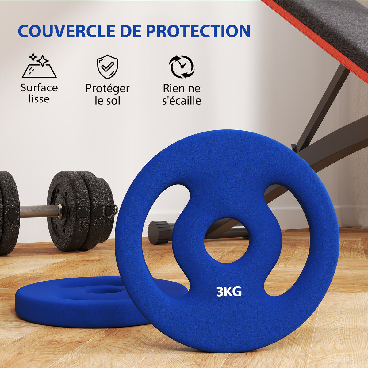 Lot de 2 plaques de poids 2 x 3 kg disques d'haltères pour barres Ø 2,5 cm avec poignées faciles à saisir en métal, bleu