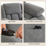 Fauteuil releveur électrique massage et chauffage avec repose-pied, dossier inclinable, télécommande et poche latérale