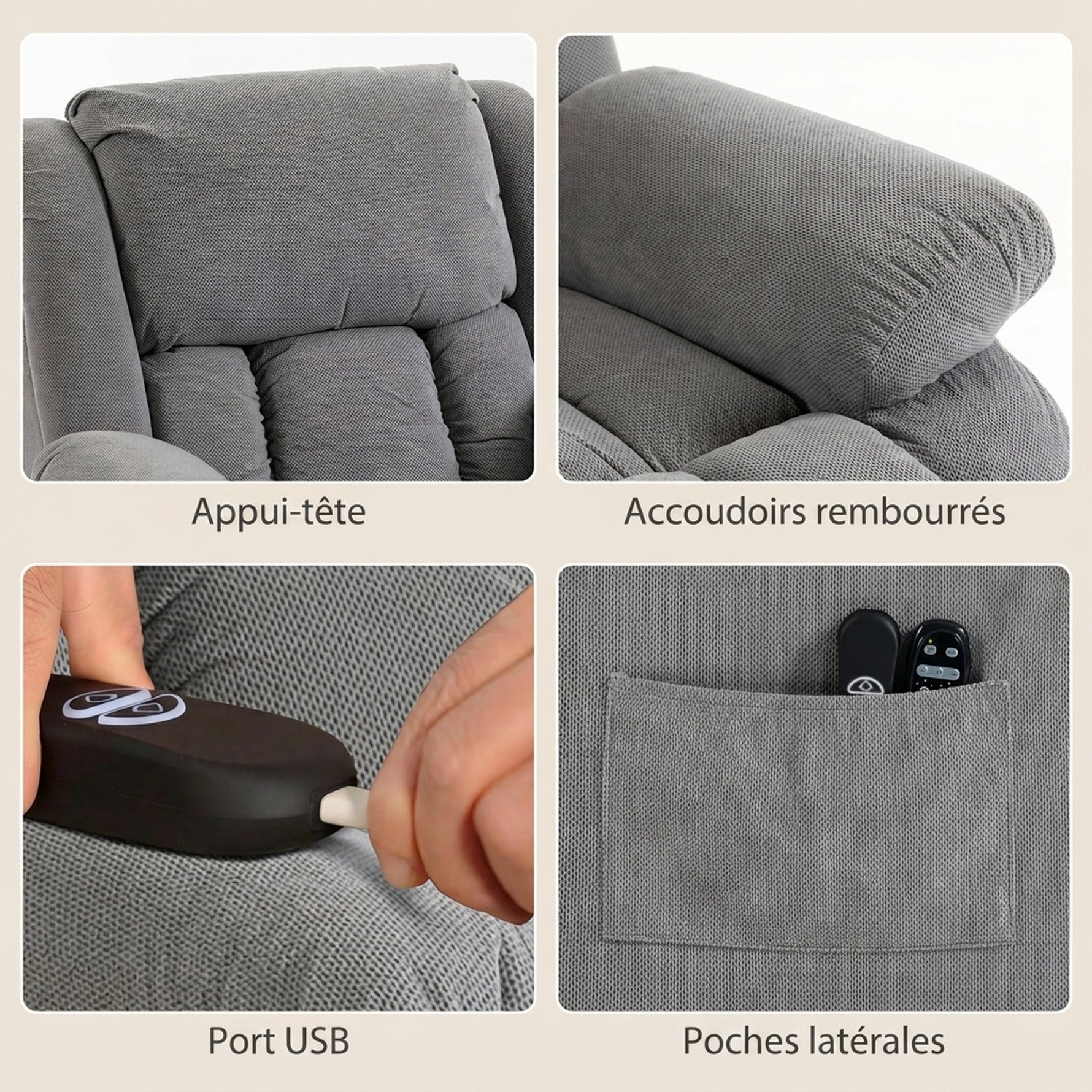 Fauteuil releveur électrique massage et chauffage avec repose-pied, dossier inclinable, télécommande et poche latérale