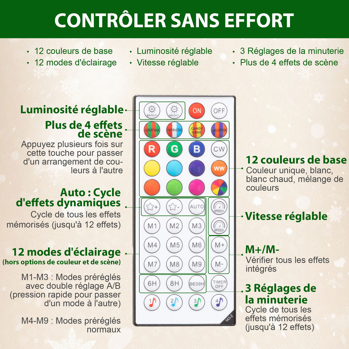 Sapin de Noël artificiel 180 cm, arbre de Noël, lumières LED synchronisées colorées et télécommande, 899 pointes, vert