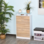 Armoire à Chaussures Meuble rangement Chaussures 2 Portes abattantes 2 Compartiments, tiroir, Plateau en Verre - Bois chêne Blanc