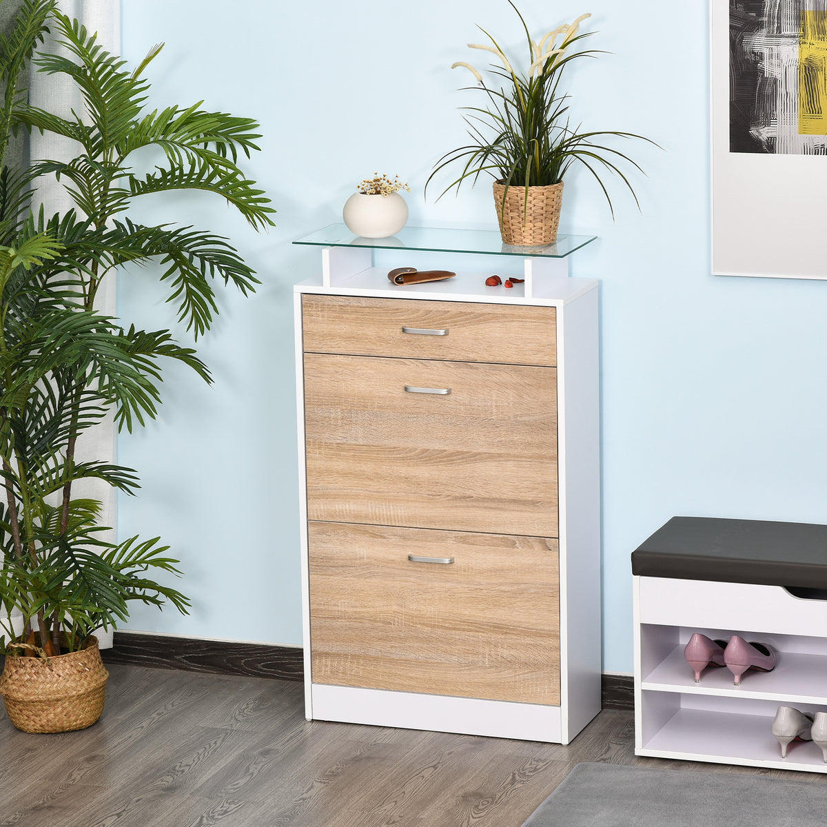 Armoire à Chaussures Meuble rangement Chaussures 2 Portes abattantes 2 Compartiments, tiroir, Plateau en Verre - Bois chêne Blanc