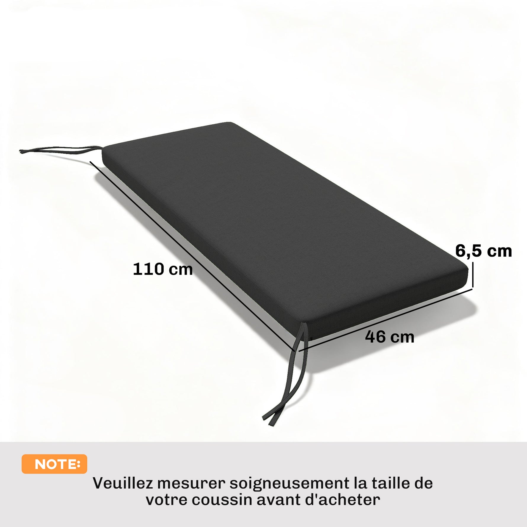 Coussin de banc, coussin pour Banc de Jardin extérieur intérieur housse amovible, 110 x 46 x 6,5 cm, gris foncé