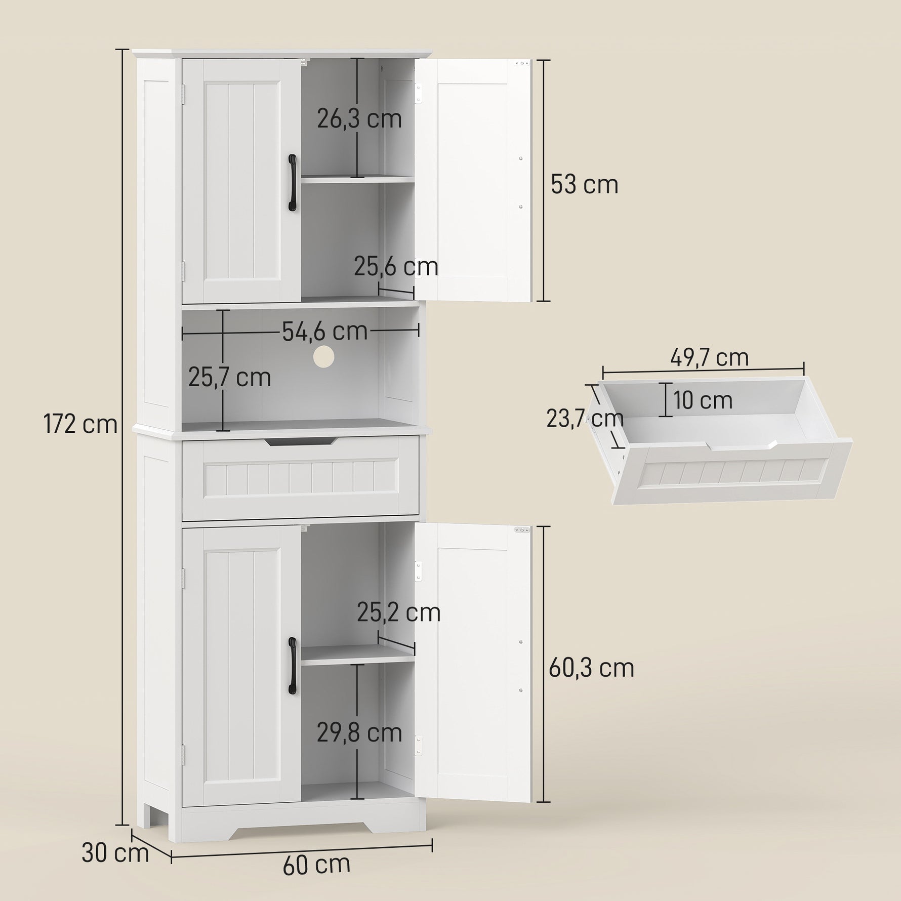 Buffet cuisine, armoire de cuisine avec 4 portes, tiroir, compartiment ouvert et étagères réglables, 60x30x172cm, blanc