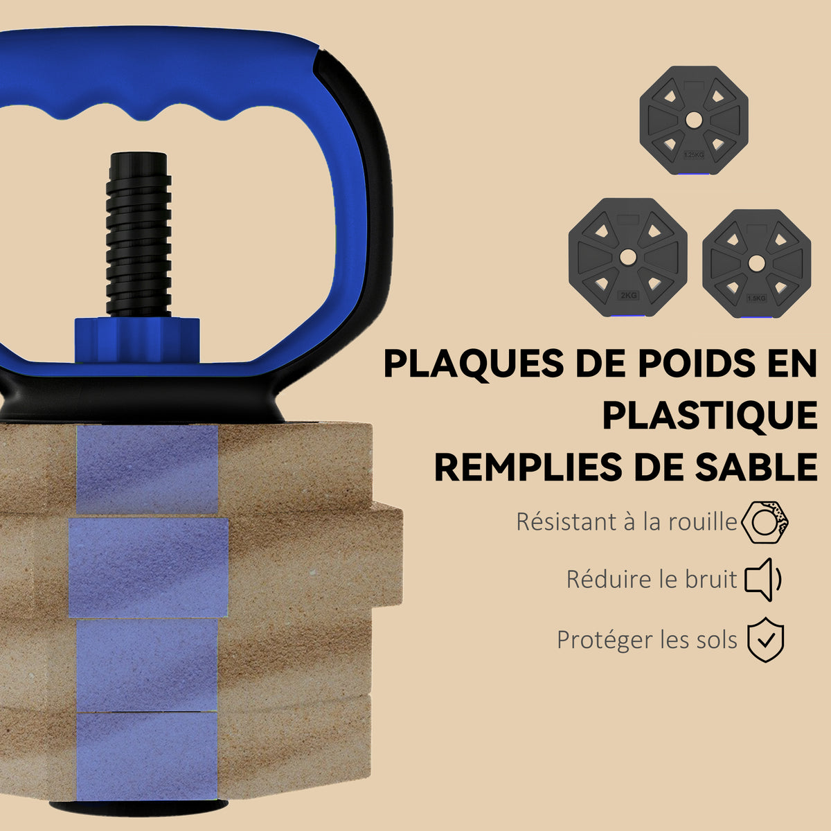 Ensemble d'haltères musculation 6-en-1 haltère réglable 20 kg kettlebell, barre de musculation support pour pompes bleu