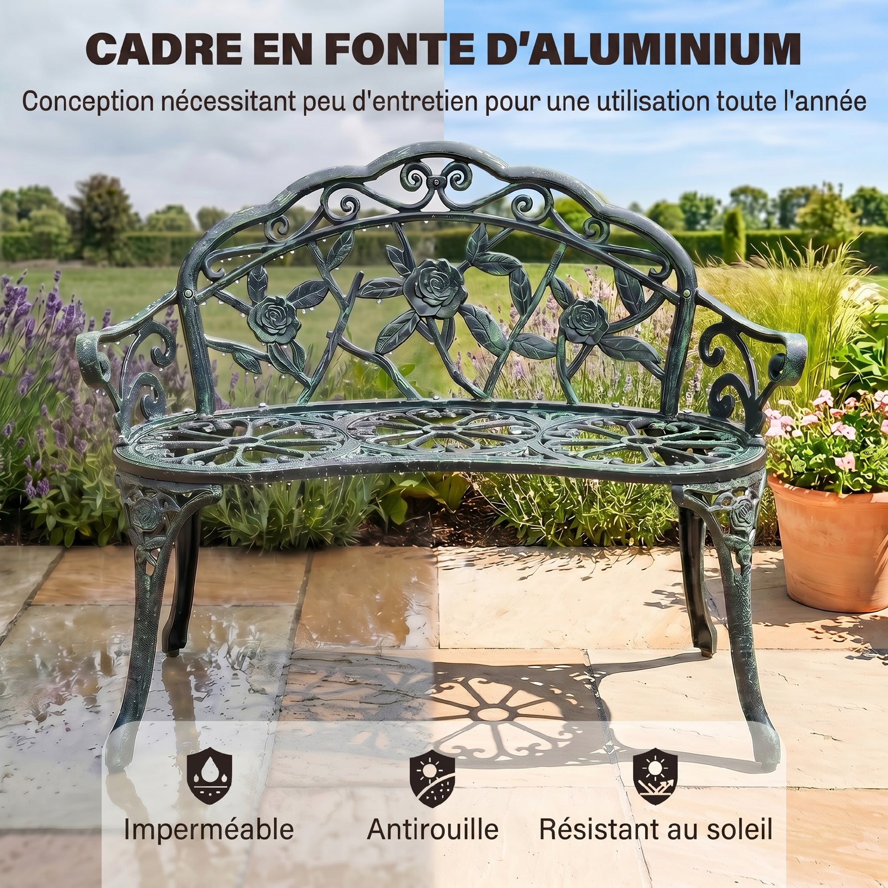 Banc de Jardin 2 Places Style néo-rétro Motif Rose Lignes fuselées 100L x 54l x 78H cm Fonte d'aluminium Vert