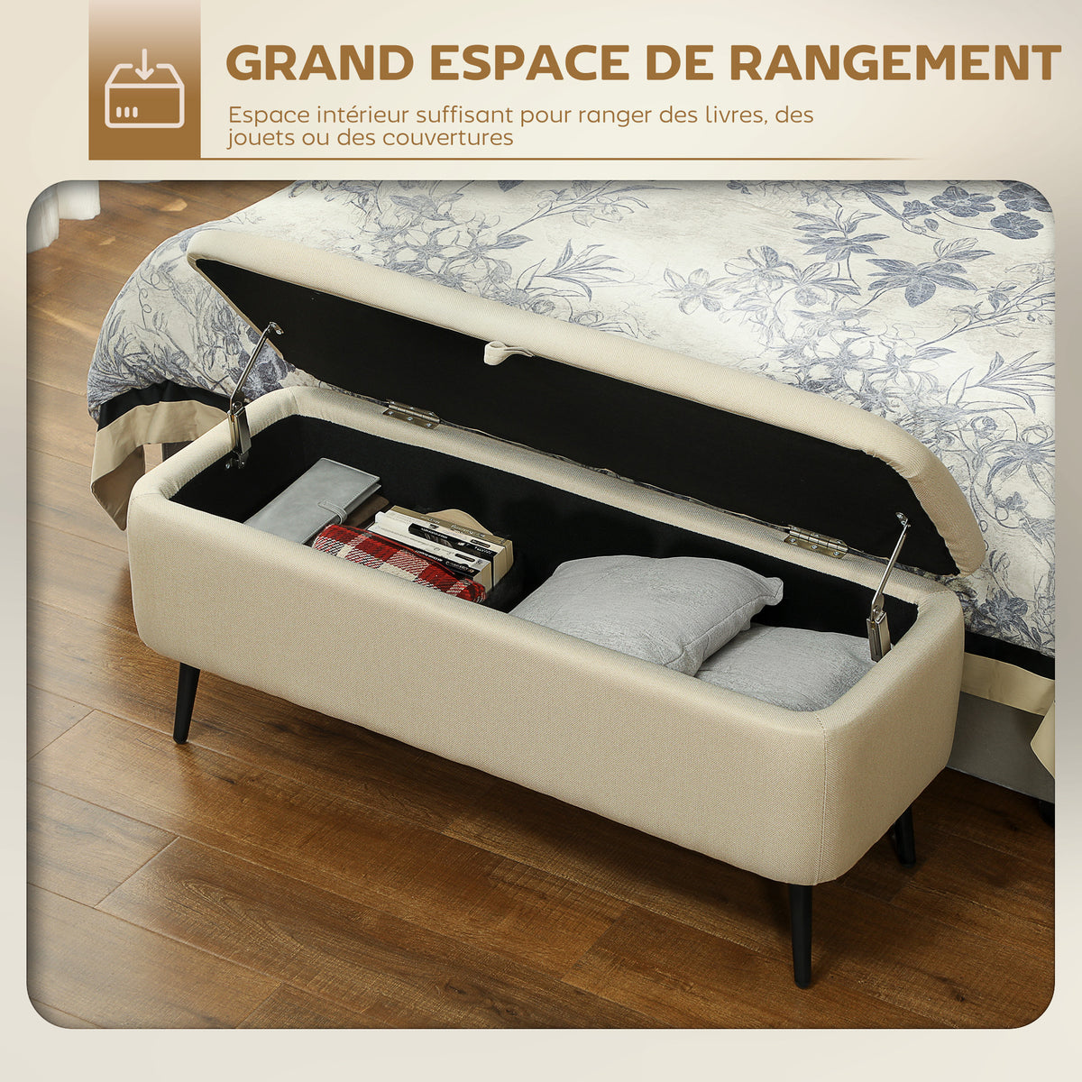2-in-1-Sitzbank mit Stauraum aus Stoff und schwarzen Stahlbeinen, 102 x 40 x 39,5 cm, beige